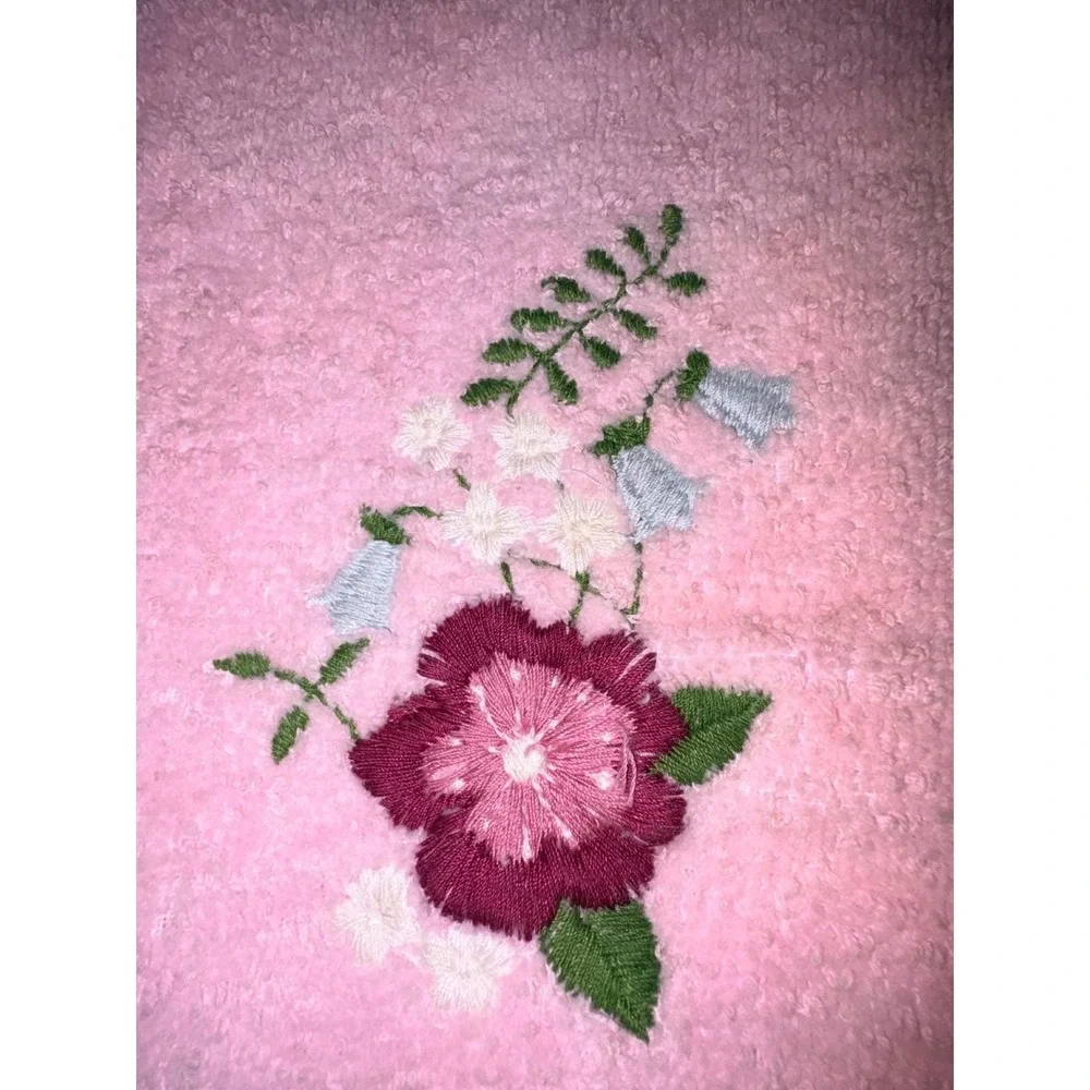 Vintage Pink Hand Towels Set of 2 Floral Embroidery Fringe Cottagecore Stains